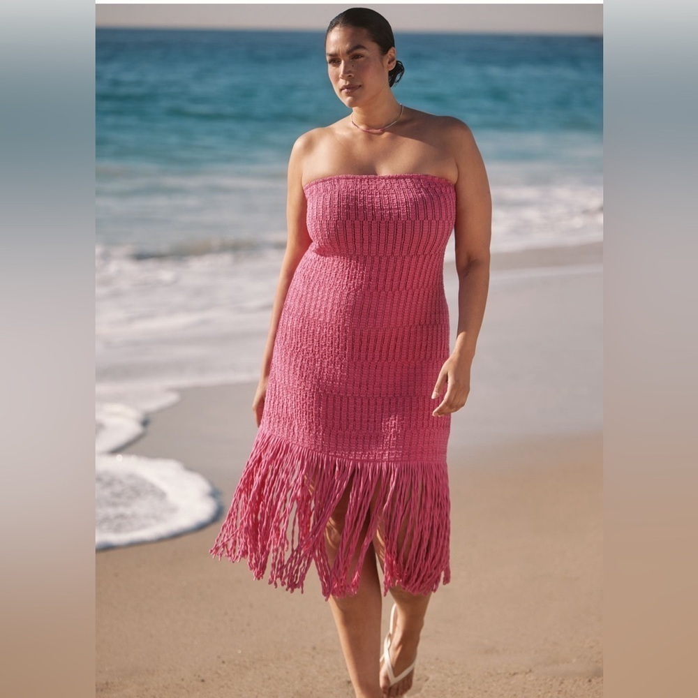NWT! Celandine Strapless Crochet Fringe-Trim Knit Dress in Raspberry ☀️ - Picture 4 of 15